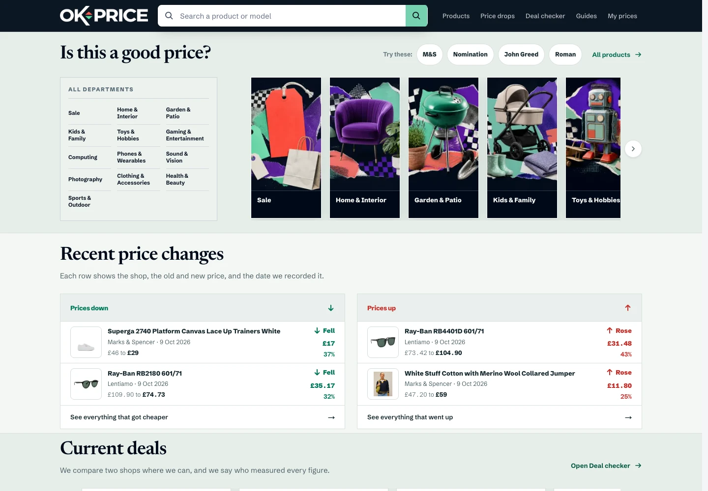 The real OKPrice website showing UK prices and deals