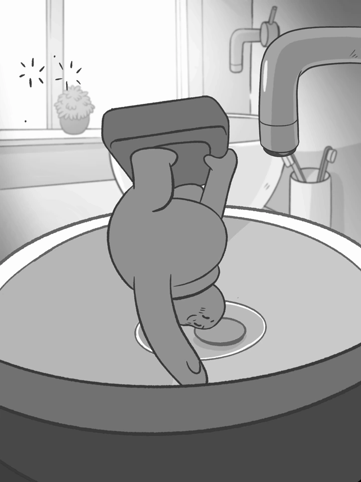A pencil-drawn character skating inside a wash basin
