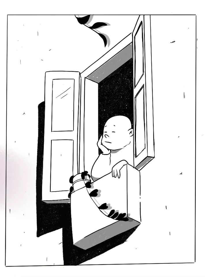 An ink-drawn character beside a window